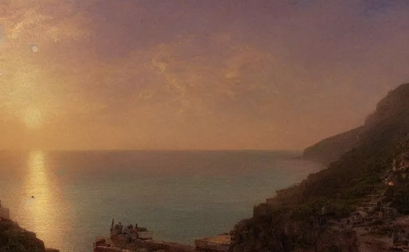 Image similar to early 1900s town on a cliff overlooking the ocean, at sunset, 4k, rule of thirds, extreme detail, hazy water, intricate ink illustration, trending on artstation, cgsociety, hd, calm, complimentary colours, realistic lighting, by Albert Bierstadt, Frederic Edwin Church.