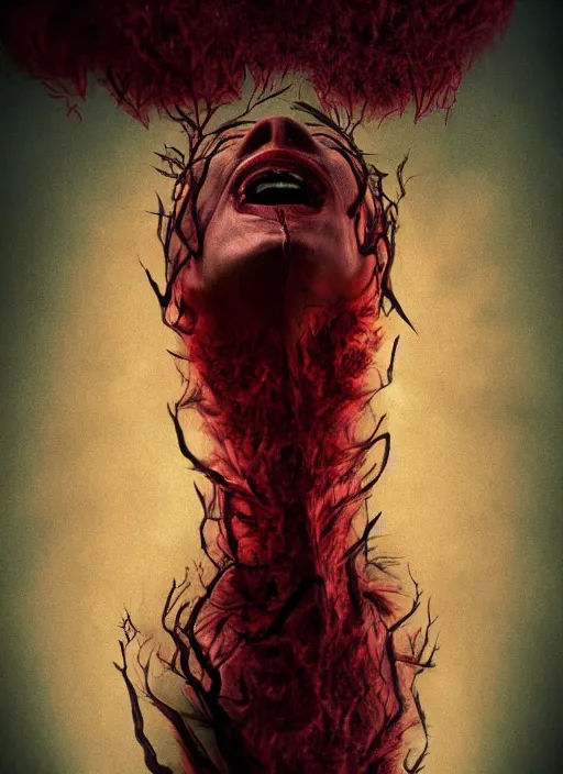 Image similar to dramatic dark red matte portrait painting of screaming insane woman with black mandelbrot fractal instead of face, horror, body horror, dark art, 4 k, detailed, realistic, psychotic, insane, crazy, mental illness, dramatic,