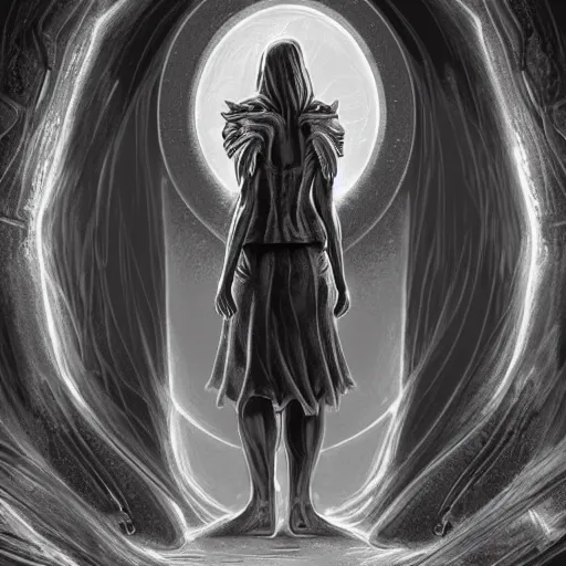 Prompt: An ultra detailed digital illustration of a figure standing infront of a portal. Inside the portal two enormous hands emerge, art by robbie trevino, trending on artstation, epic scale, epic composition,