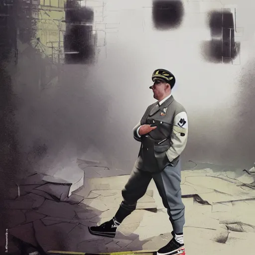 Image similar to adolf hitler wearing nike sneakers, 9 0's rap video clip, hyperrealism, sharp focus, 4 k resolution, ultra detailed, style of ron cobb, adolf hiremy - hirschl, syd mead, ismail inceoglu, rene margitte