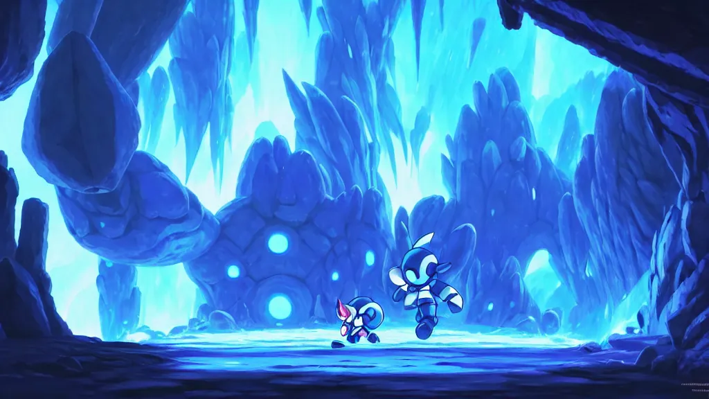 Image similar to megaman zero stage 1 the ice cave, studio ghibli, pixar and disney animation, sharp, rendered in unreal engine 5, highly detailed, digital painting, artstation, hollow knight, smooth, sharp focus, illustration, wide angle, wallpaper, splash art, promo art, dramatic lighting, art by artgerm and greg rutkowski and bo chen and jin xiaodi