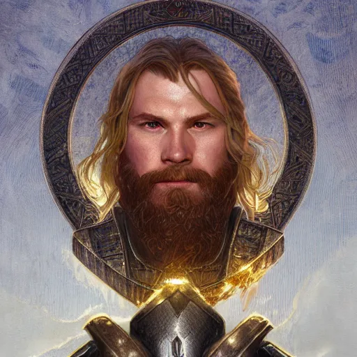 Image similar to portrait of thor, norse mythology, god, mjolnir, intricate, headshot, highly detailed, digital painting, artstation, concept art, sharp focus, cinematic lighting, illustration, art by artgerm and greg rutkowski, alphonse mucha, cgsociety