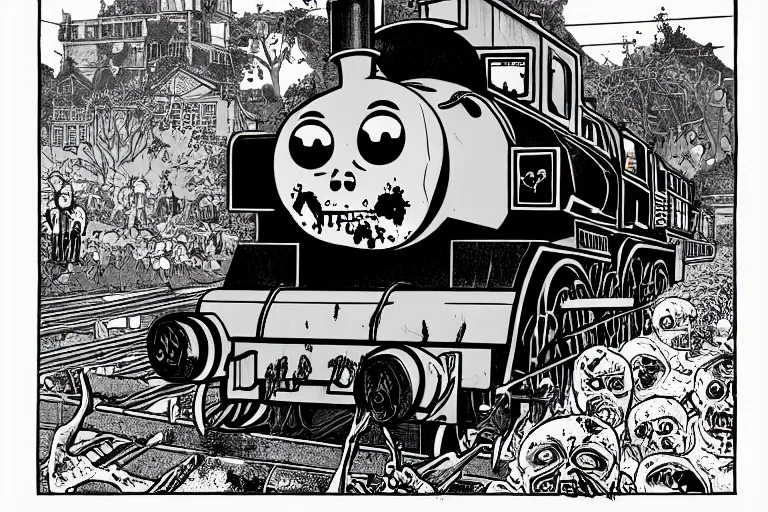 Image similar to zombie apocalypse thomas the tank engine, risograph artwork by moebius and alex ross, intricately deteailed, trending on artstation