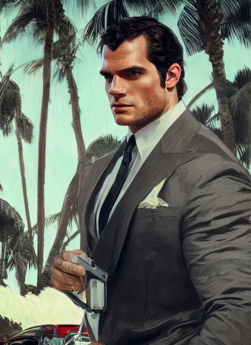 Image similar to portrait of henry cavill as james bond, key art, palm trees, vintage aston martin, highly detailed, digital painting, artstation, concept art, cinematic lighting, sharp focus, illustration, by gaston bussiere alphonse mucha