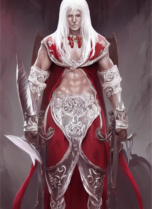 Prompt: a highly detailed illustration of white haired african priest, wearing cross on robe, wielding red blades made of blood, evil standing smiling pose, muscular, intricate, elegant, highly detailed, centered, digital painting, artstation, concept art, smooth, sharp focus, league of legends concept art, WLOP