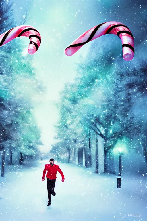 Prompt: a man running through a snowy christmas fantasy landscape, giant candy canes, colorful magic effects, olive skin, portrait, male, sharp focus, digital art, concept art, dynamic lighting, by emylie boivin and rossdraws