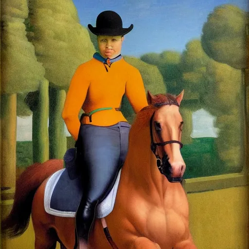 Image similar to a horse-riding-adventure by Raphael, Hopper, and Rene Magritte. detailed, romantic, enchanting, trending on artstation.