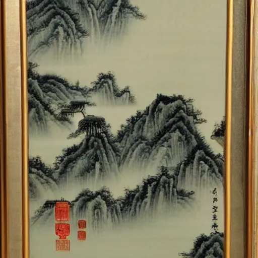 Image similar to a chinese landscape painting of a building in a serene landscape