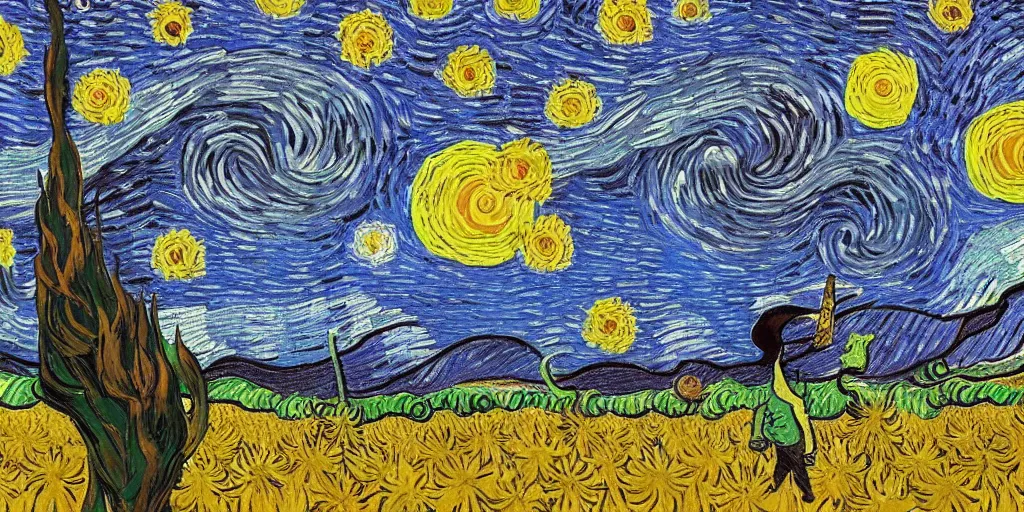 Prompt: monster standing in a field with colorful sunflowers during a starry night by Vincent van Gogh