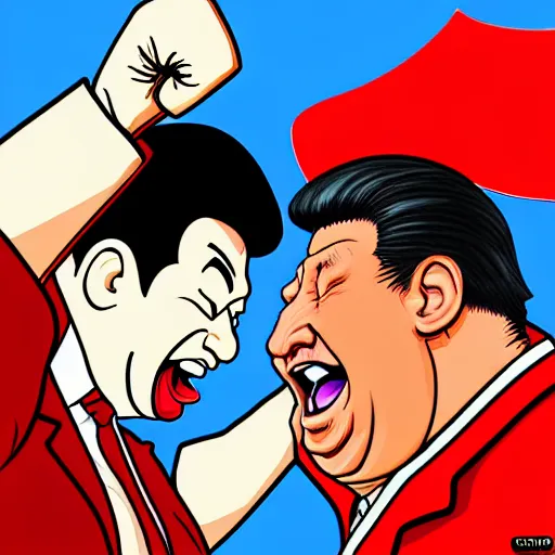 Image similar to xi jinping vs donald trump, street fighter, fight, fistfight, digital art, cartoon style