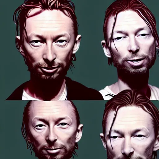 Image similar to overlapping sprite sheets of thom yorke, hyper realistic, many variations of thom yorke, face variations, various emotions, various poses, high quality photographs, mixed styles intricate details, beautiful lighting