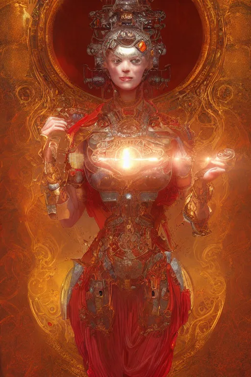 Image similar to tarot card artstation, portrait of a robot love dancer, sunrise, baroque ornament and rococo ornament, ancient chinese ornate, hyperdetailed, beautiful lighting, craig mullins, mucha, klimt, yoshitaka amano, red and gold and orange color palette