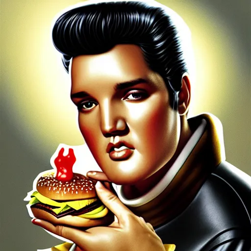 Prompt: portrait of Elvis Presley eating hamburgers, extra onions and ketchup, luscious patty with sesame seeds, ethereal, handsome, D&D, fantasy, intricate, elegant, highly detailed, digital painting, artstation, concept art, matte, sharp focus, illustration, art by Artgerm and Greg Rutkowski and Alphonse Mucha