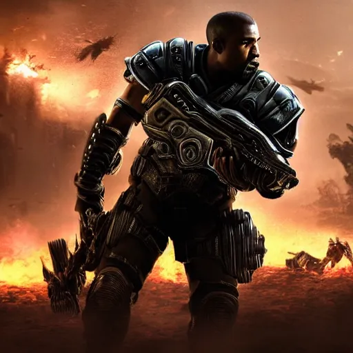 Image similar to kanye west as an centaur in gears of war, splash art, movie still, detailed face, photorealistic facial features, cinematic lighting, dramatic, octane render, long lens, shallow depth of field, bokeh, anamorphic lens flare, 8 k, hyper detailed, 3 5 mm film grain