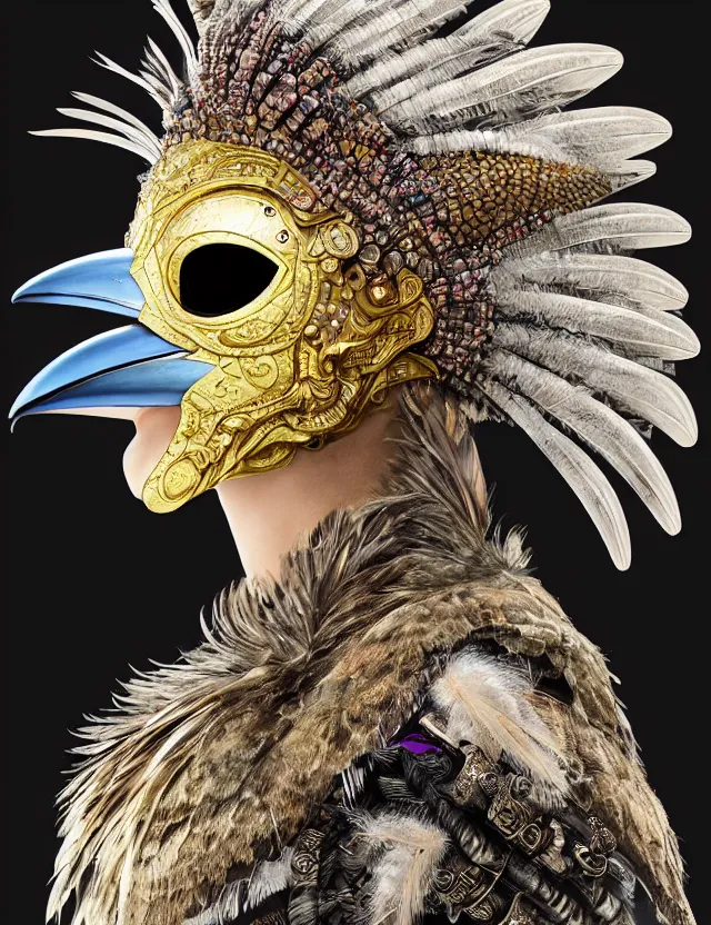 Prompt: 3 d goddess close - up profile portrait with feathers, fur, and bones. beautiful intricately detailed kookaburra mask and retrowave sorceress outfit. lizard scales, reflective chitin, optical mineralogy, songlines, plasma, creature, artwork by tooth wu and android jones wlop and android jones and beeple and greg rutkowski