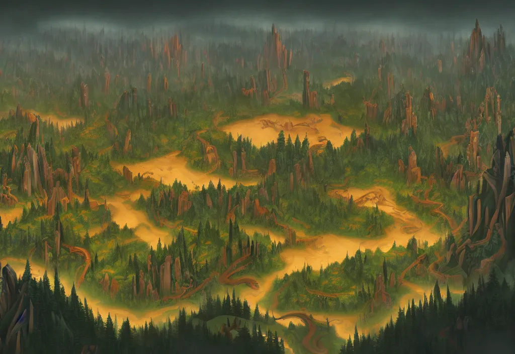 Prompt: blurry aerial view of the background of a forest that leads to a endless pit in the foreground, stylised painting, forest, medieval architecture, dynamic lighting, aesthetics, smooth, d & d, fantasy, asymmetrical, intricate, elegant, matte painting, illustration, hearthstone