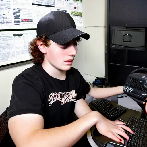 Image similar to 21 year old Jimmy John’s manager with pale skin and brown curly hair is wearing a black baseball cap and tapping a computer screen on the wall