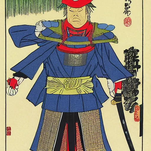 Image similar to Donald Trump in a samurai costume by Hiroshige