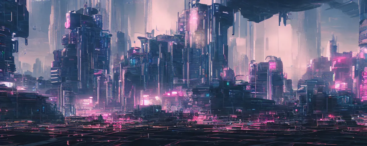 Image similar to Cyberpunk landscape, synth style, realistic, volumetric