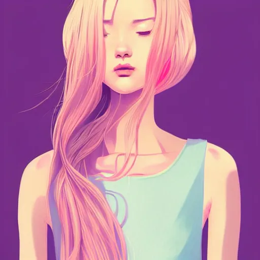 Image similar to happy adult female in sundress, summer dress, pastel light pink very long hair, muted colors, matte print, pastel colors, ornate, digital art, digital painting, fan art, elegant, artstation, head is centered, by Ilya Kuvshinov