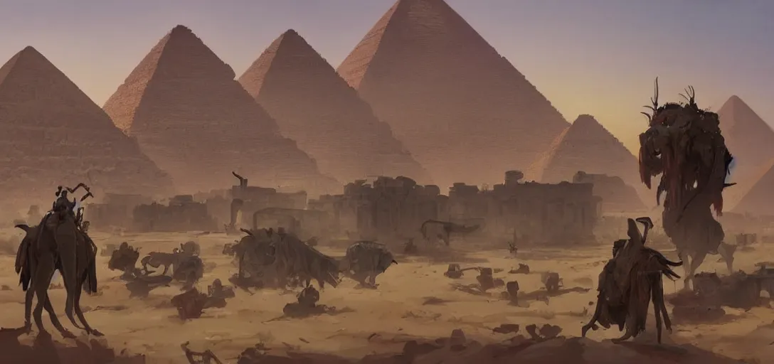 Prompt: egyptian landscape, desert, zombies, by studio ghibli and greg rutkowski,