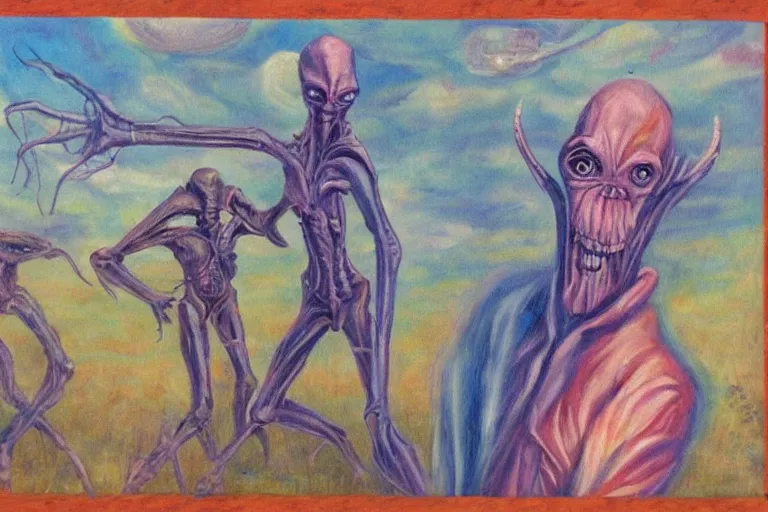 Image similar to a tall terrifying alien. in the style of american impressionism painting.