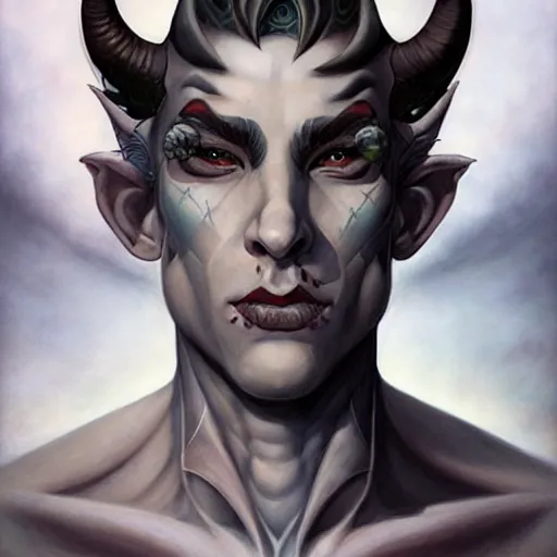 Prompt: handsome pale white tiefling with ink stylized tattoos, draconic masculine male shaman, portrait by Artgerm, peter mohrbacher W 704