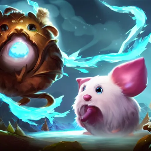 Image similar to legends of runeterra HD splash art pinterest cute small poro freljord snow soft fur happy huge tongue