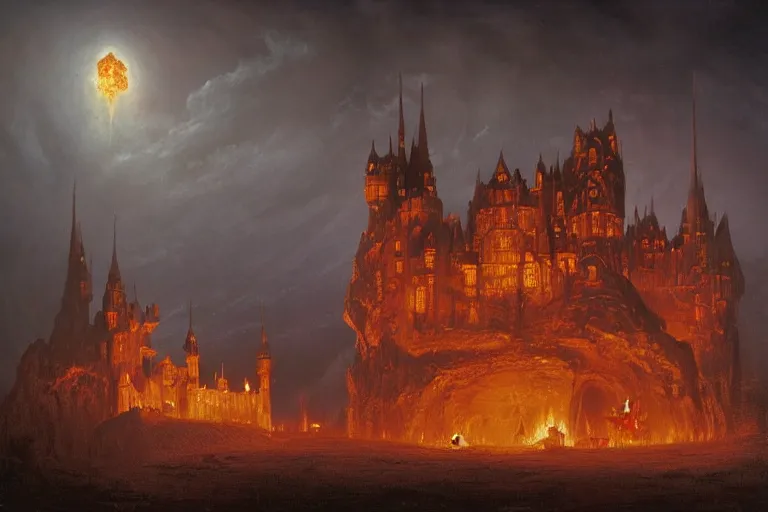 Image similar to a castle at night being lit up by the fire of a dragon, Les Edwards, Zdzislaw Beksinski, Carl Gustav Carus, John Harris, Michal Karcz, Zhang Kechun, Mikko Lagerstedt, Scott Listfield, Steven Outram, Jessica Rossier