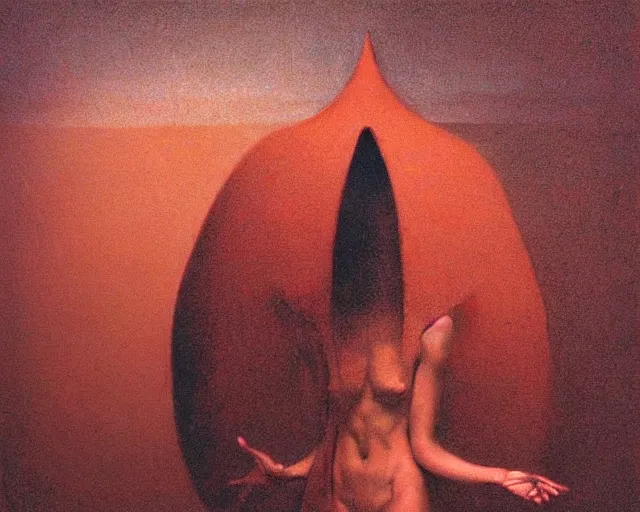 Image similar to by francis bacon, beksinski, mystical redscale photography evocative. devotion to the scarlet woman, priestess in a conical hat, coronation, ritual, sacrament