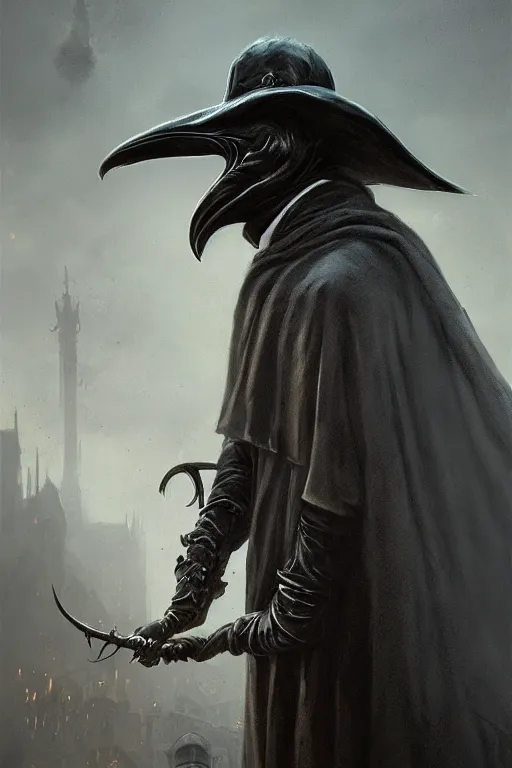 Image similar to A fancy portrait of a 1300's Plague Doctor by Greg Rutkowski, Sung Choi, Mitchell Mohrhauser, Maciej Kuciara, Johnson Ting, Maxim Verehin, Peter Konig, Bloodborne, 8k photorealistic, cinematic lighting, HD, high details, dramatic, dark atmosphere, trending on artstation