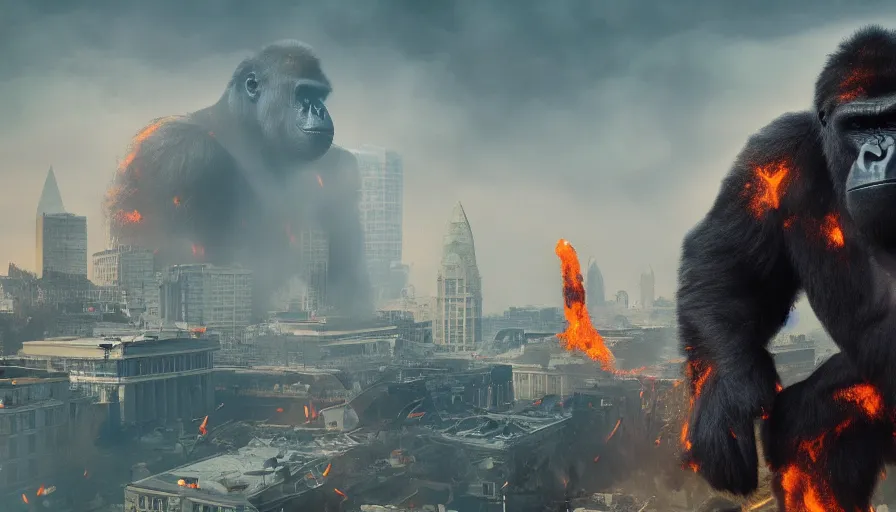 Image similar to giant gorilla destroying washington dc, fire and ashes, debris, collapsed buildings, smoke columns, hell on earth, apocalypse, army, hyperdetailed, artstation, cgsociety, 8 k