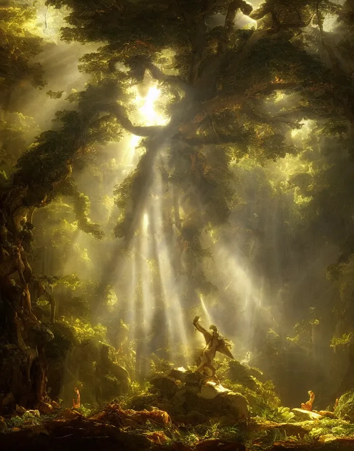 Image similar to an ancient greek statue lost in a gigantic forest by thomas cole, painting, cinematography, epic lighting, volumetric, fog, god rays