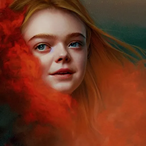 Prompt: Elle Fanning engulfed in flame in a field in the world of Adam Wyeth, head and shoulders portrait, stormy weather, extremely detailed masterpiece, oil on canvas, low-key neon lighting, artstation, Blade Runner 2049, Roger Deakin’s cinematography, by J. C. Leyendecker and Peter Paul Rubens and Edward Hopper and Michael Sowa,