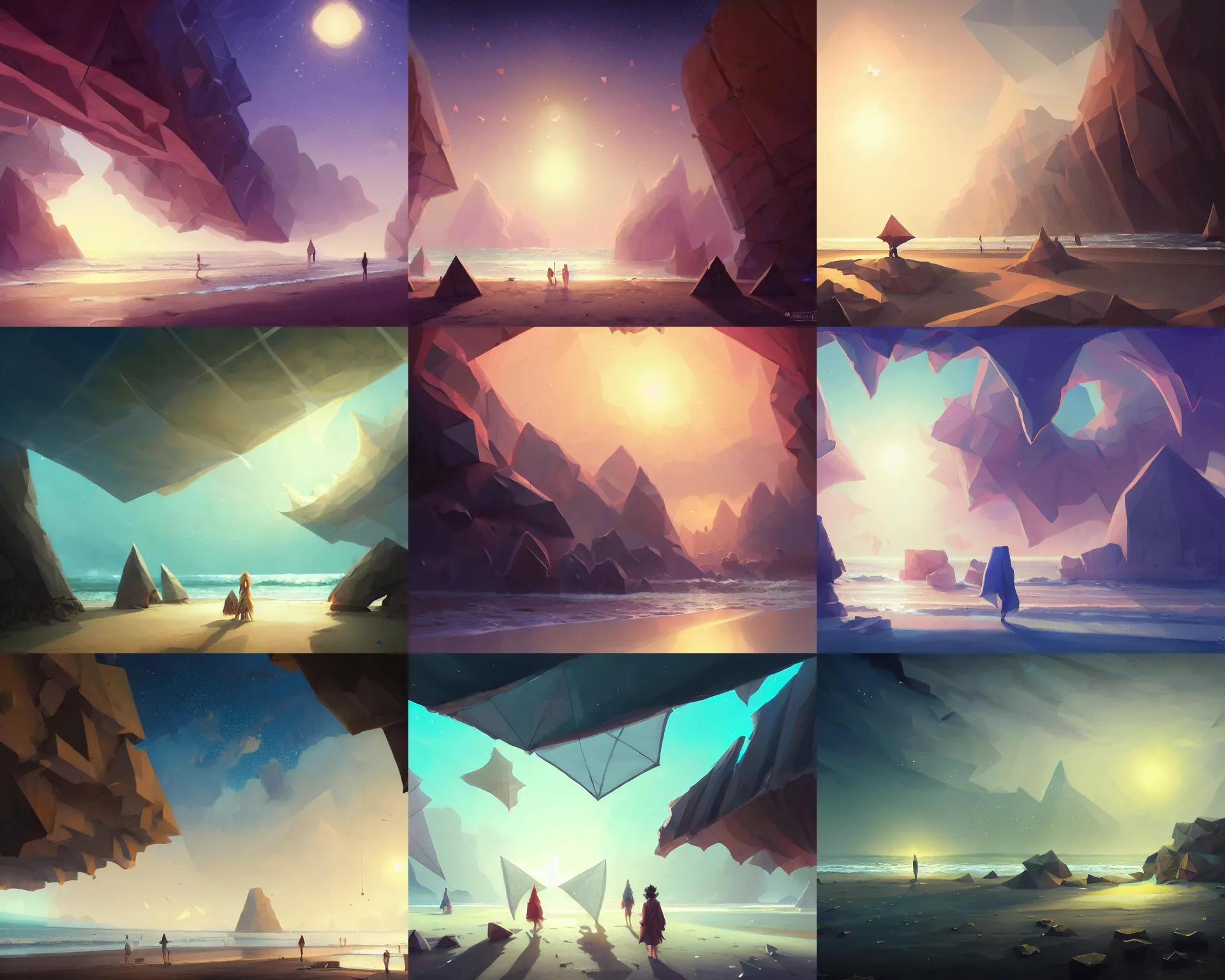 Prompt: polygonal beach with giant walls and skies showing the stars and hanging silk drapery and tapestries, light dust, magnificent, close up, sharp focus, elegant, highly detailed, illustration, by jordan grimmer greg rutkowski wlop maya takamura, intricate, trending artstation, pixiv, digital art