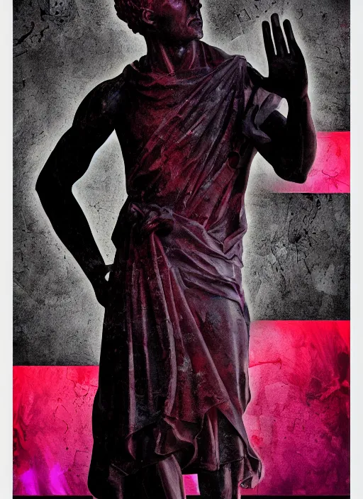 Image similar to design poster showing a statue of julius caesar, black background with very subtle red and purple design elements, powerful, nekro, laszlo moholy - nagy, graphic design, collage art, thin lines, dark, glitch art, neo vaporwave, gritty, layout frame, square, trending on artstation