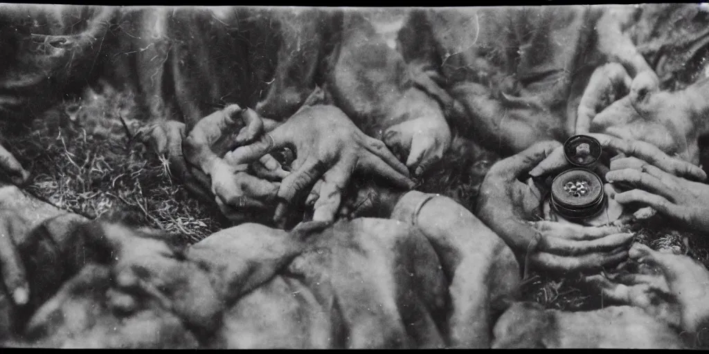 Image similar to creepy photo of people in the 1930\'s holding a ritual around a small black stone, 70mm film, old film, found film, scary, ominous, disturbing