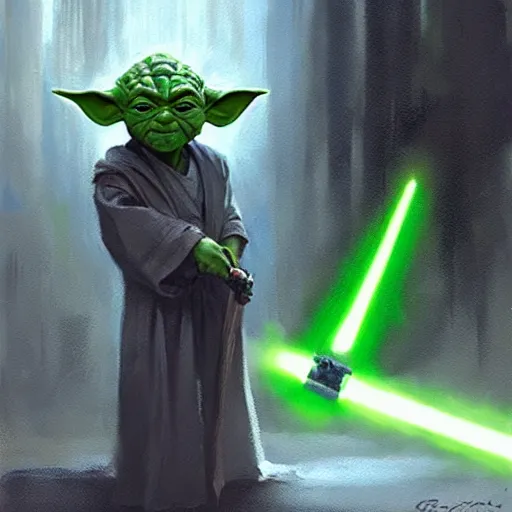 Prompt: Master Yoda holding a green lightsaber, oil painting, by Greg Rutkowski