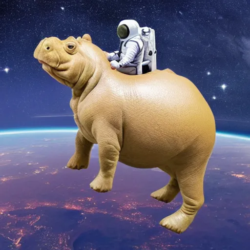 Image similar to an hippopotamus riding a astronaut