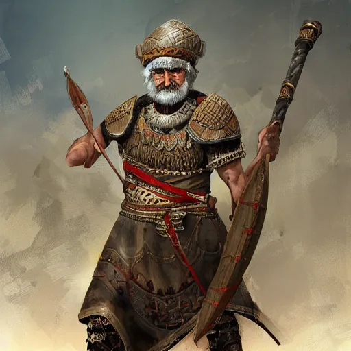 Prompt: old assyrian warrior, steppe background, digital painting, hd