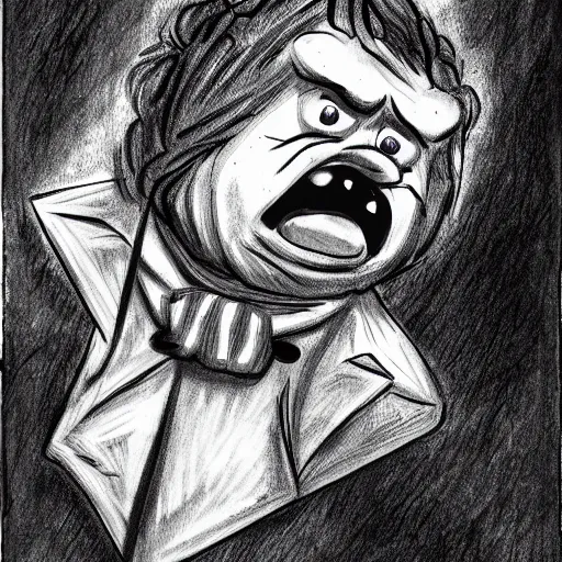 Image similar to a Pop Wonder scary horror themed goofy-hilarious-character Beethoven-wearing a scarf, dime-store-comic drawn with charcoal and pen and ink, half-tone-line-stacking