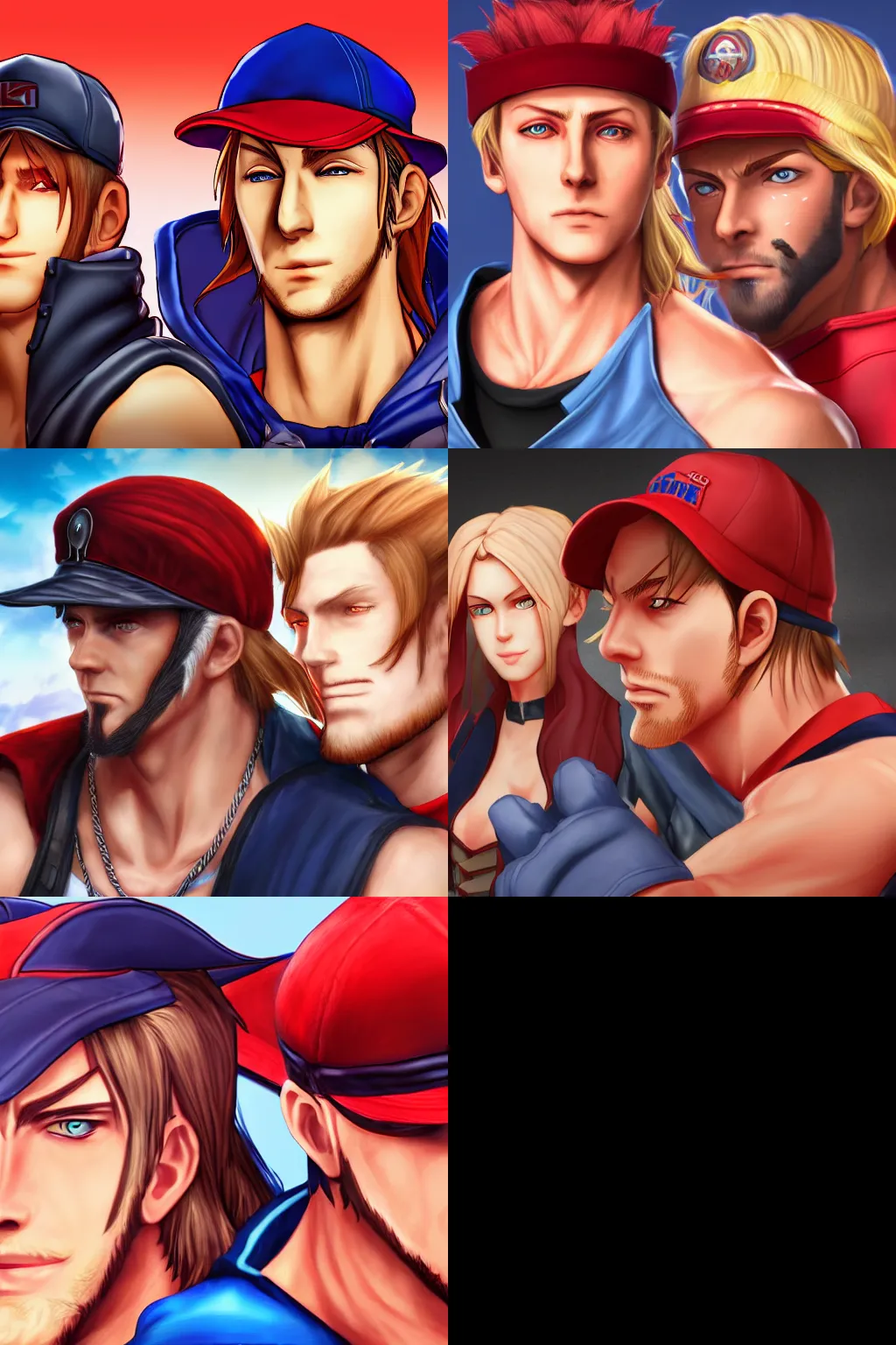 Prompt: terry bogard and king, portrait, 4k, artstation