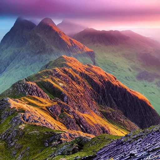 Image similar to Crib Goch!!!!!!!!!!! ridge, rays, epic, cinematic, photograph, atmospheric, dawn, golden hour, sunrise, purple blue sky clouds