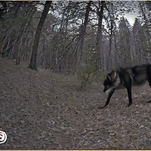 Image similar to trailcam footage of humongous wolf at night