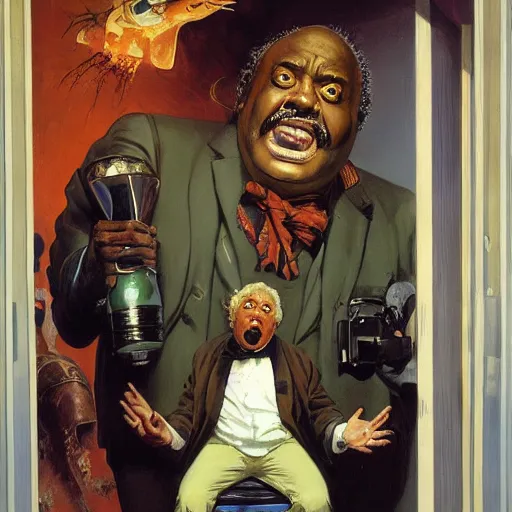 Prompt: dr. uncle ruckus telepathic space lord regally stands at the doorway of his palatial manse jamie wyeth greg rutkowski ralph steadman fernando botero norman rockwell acrylic painting