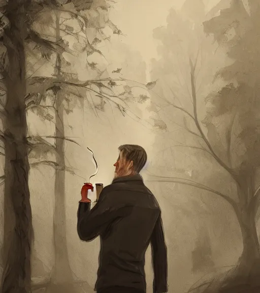 Prompt: Portrait of Antti Kervinen drinking coffee, in the park, charchoal drawing, dimly lit, wispy smoke, intricate, highly detailed, digital painting, artstation, concept art, sharp focus, illustration, art by einar jonsson