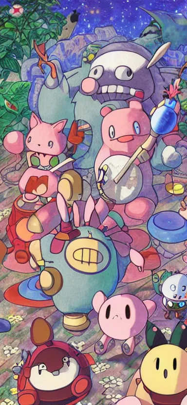 Prompt: detailed digital painting by studio ghibli of kirby and friends