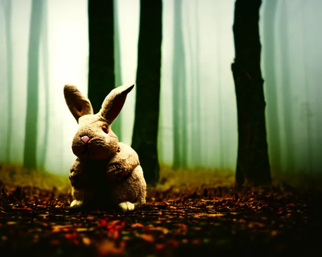 Image similar to a lomography photo of rumble between two human with rabbit head in foggy forest this morning, bokeh,