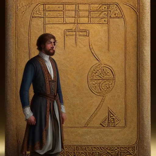 Prompt: a portrait of a man standing next to a large runestone with intricate runes, illustration, soft lighting, soft details, painting oil on canvas by Edmund Blair Leighton trending on artstation d&d characters, 4k, 8k, HD