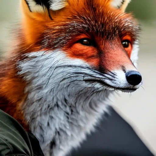 Prompt: Closeup of Fox dressed in a modern American general uniform, 85mm f/1.4